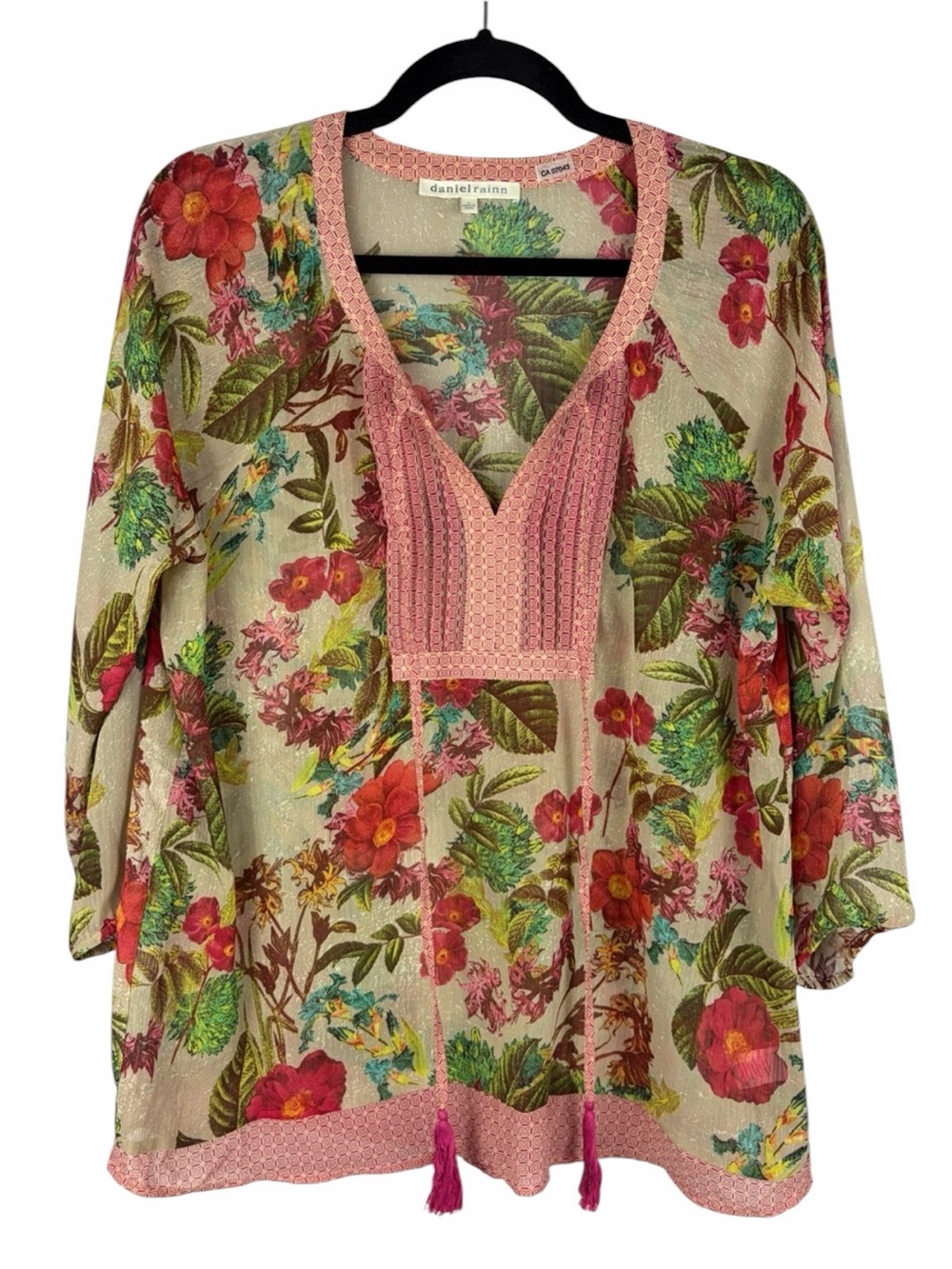 Daniel Rainn Floral Boho Tunic Blouse Large Pink Tassel Tie 3/4 Sleeve